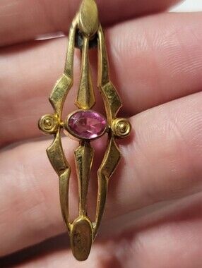 Gold Tone Vintage Bar Brooch with Pink Oval Gemstone